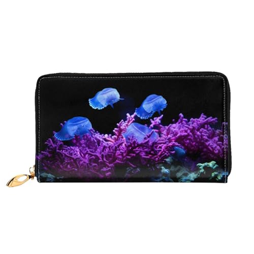 PHAYAH Coral Reef Quallen Muster Damen Geldbörse Lange Clutch Reißverschluss Rund Reise Leder Geldbörse Große Kapazität Kreditkartenetui von PHAYAH