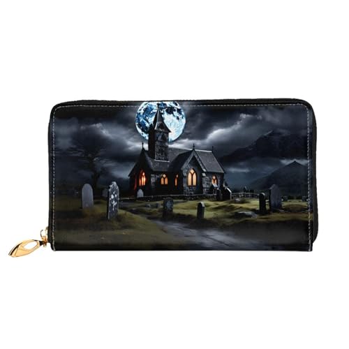PHAYAH Cottage In The Cemetery Pattern Damen Geldbörse Lange Clutch Reißverschluss Rund Reise Leder Geldbörse Große Kapazität Kreditkartenetui von PHAYAH