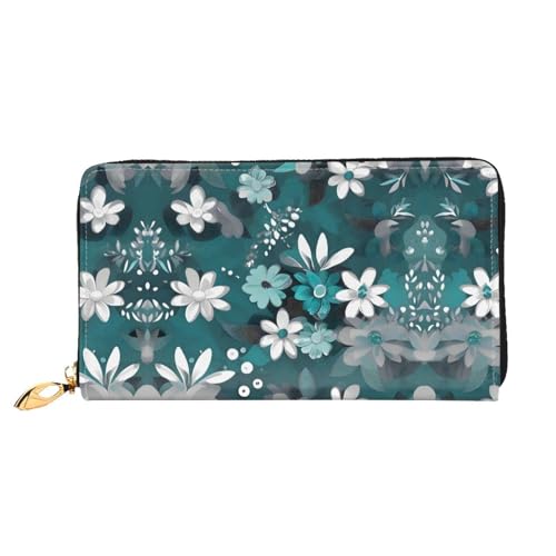 PHAYAH Damen-Geldbörse, Blumenmuster, lange Clutch, Reißverschluss, Leder, große Kapazität, Kreditkartenhalter, Blaugrün / Grau / Weiß von PHAYAH
