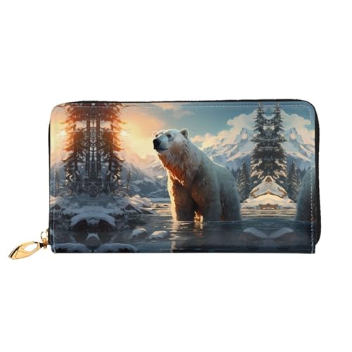 PHAYAH Damen-Geldbörse, Motiv: Eisbär im Winter, lange Clutch, Reißverschluss, Leder, großes Fassungsvermögen, Kreditkartenetui von PHAYAH