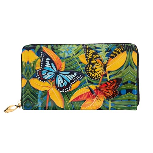 PHAYAH Damen-Geldbörse Schmetterling auf grünen Blättern, lange Clutch, Reißverschluss, Leder, große Kapazität, Kreditkartenetui von PHAYAH