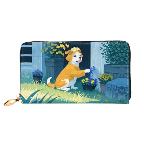 PHAYAH Damen-Geldbörse mit Blumenarrangement, Welpenmuster, Leder, Kreditkartenhalter, Clutch, lang, für Damen von PHAYAH