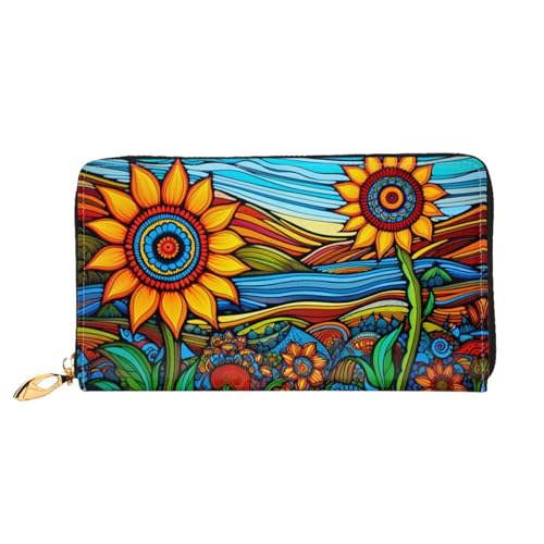 PHAYAH Damen-Geldbörse mit buntem Sonnenblumenmuster, lange Clutch, Reißverschluss, Leder, großes Fassungsvermögen, Kreditkartenetui von PHAYAH
