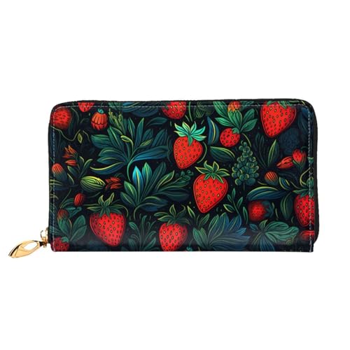 PHAYAH Damen-Geldbörse mit grünem Erdbeermuster, lange Clutch, Reißverschluss, Reise-Ledergeldbörse, großes Fassungsvermögen, Kreditkartenetui von PHAYAH