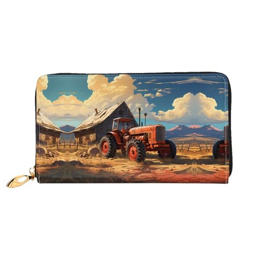 PHAYAH Farm Red Traktor Muster Damen Geldbörse Lange Clutch Reißverschluss Rund Reise Leder Geldbörse Große Kapazität Kreditkartenetui von PHAYAH