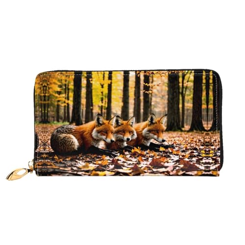 PHAYAH Fox In Fallen Leaves Pattern Damen Geldbörse Lange Clutch Reißverschluss Rund Reise Leder Geldbörse Große Kapazität Kreditkartenetui von PHAYAH