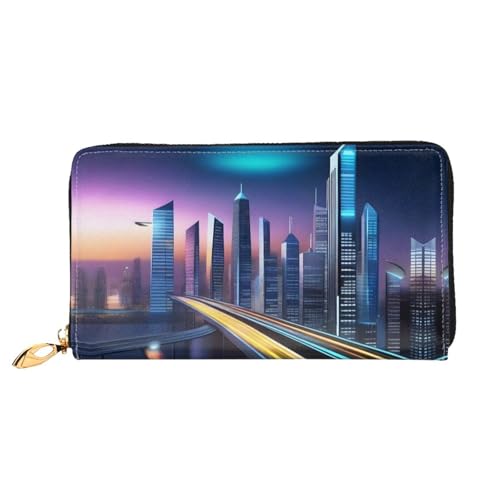 PHAYAH Future City Nachtszene Muster Damen Geldbörse Lange Clutch Reißverschluss Rund Reise Leder Geldbörse Große Kapazität Kreditkartenetui von PHAYAH