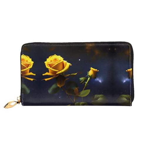 PHAYAH Gelbe Rosen Sternennacht Muster Damen Geldbörse Lange Clutch Reißverschluss Rund Reise Leder Geldbörse Große Kapazität Kreditkartenetui von PHAYAH
