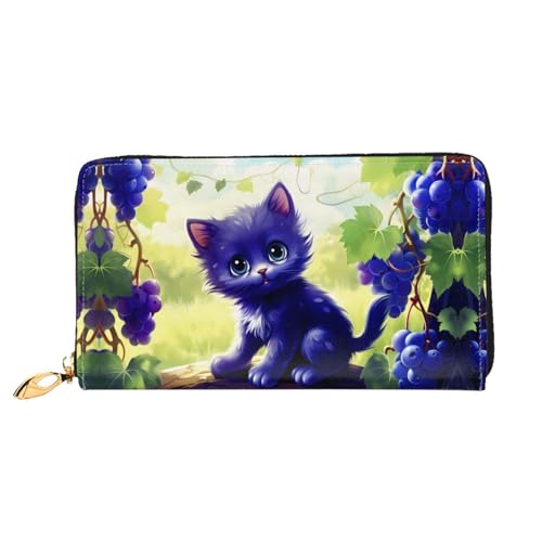 PHAYAH Grapevine Blue Cat Pattern Damen Geldbörse Lange Clutch Reißverschluss Rund Reise Leder Geldbörse Große Kapazität Kreditkartenetui von PHAYAH