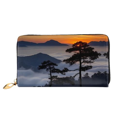 PHAYAH Pine Tree On Mountain Top Pattern Damen Geldbörse Lange Clutch Reißverschluss Rund Reise Leder Geldbörse Große Kapazität Kreditkartenetui von PHAYAH