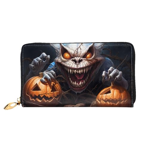 PHAYAH Pumpkin Light Monster Pattern Damen Geldbörse Lange Clutch Reißverschluss Rund Reise Leder Geldbörse Große Kapazität Kreditkartenetui von PHAYAH
