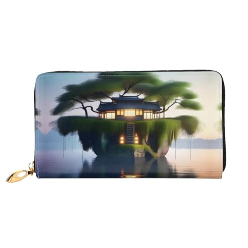 PHAYAH Schwebende Insel auf Wasser Muster Geldbörse Damen Leder Geldbörse Kreditkartenetui Clutch lang Damen Billfold von PHAYAH