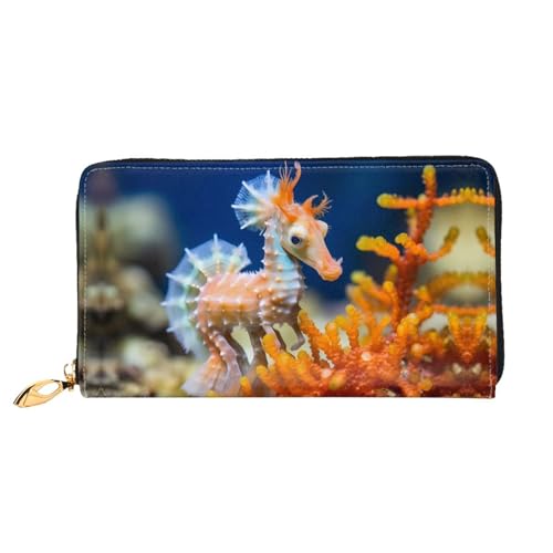 PHAYAH Seepferdchen auf Korallenmuster Geldbörse Damen Leder Geldbörse Kreditkartenetui Clutch lang Damen Billfold von PHAYAH