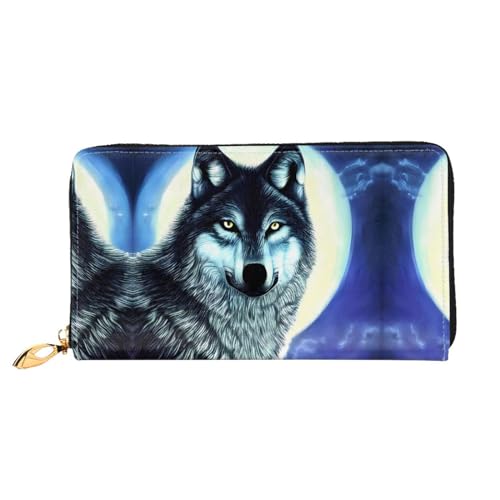 PHAYAH Wolf Under Moon Pattern Damen Geldbörse Lange Clutch Reißverschluss Rund Reise Leder Geldbörse Große Kapazität Kreditkartenetui von PHAYAH