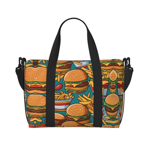 Phayah Süße Burger-Pommes-Reisetasche, Sporttasche, Turnbeutel, Schultertasche, Wochenendtasche, Übernachtungstasche für Damen, Schwarz, Einheitsgröße, Schwarz, One Size von PHAYAH