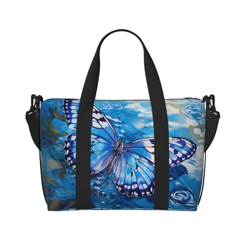 Phayah Weekender-Tasche für Damen, Motiv: weißer Schmetterling in Blau, Reisetasche, Übernachtung, Wochenende, Sport, Fitnessstudio, Tragetasche, Crossbody-Tasche von PHAYAH