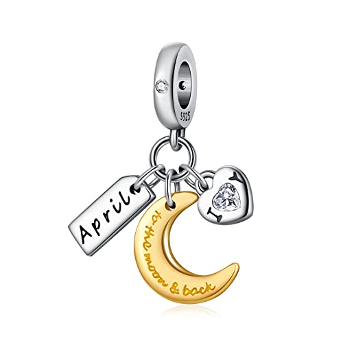 PHCLASY Charms Anhänger Mond Geburtsstein Bead Charms für Damen Geburtstag Charm Silber 925 Kompatibel mit Armbänder und Halskette,April von PHCLASY