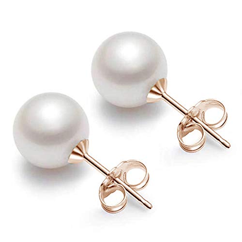 Paar Damen 925er Silber Kultivierte Süßwasser Perlen Ohrstecker Runde 8 mm (0,32 Zoll), Geschenkbox (8mm - Weiß - Roségold) von PHENIOTACE
