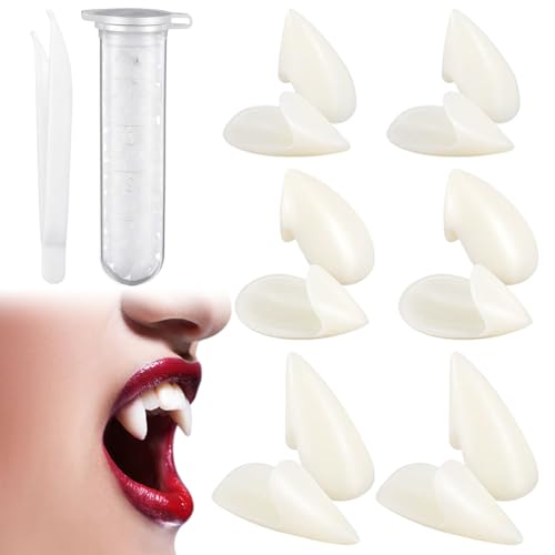 PHIEZC 6 Stück Vampirzähne, Vampirzubehör in 3 Größen (15 mm, 17 mm, 19 mm) mit Beißröhrchen, Vampirzähne für Kinder, geeignet für Rollenspiele, Halloween-Party von PHIEZC