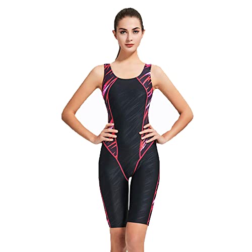 PHINIKISS Wassersport Einteiler Badeanzug Damen Sportbadeanzug Knielang Bademode,Schwarz,4XL von PHINIKISS