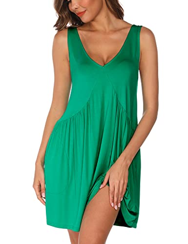 PHIZOI Damen Nachthemd V-Ausschnitt Nachtwäsche Plissiert Nachthemden Für Damen Sommer Kurz Locker Sleepshirt S-2XL(Green,Large) von PHIZOI