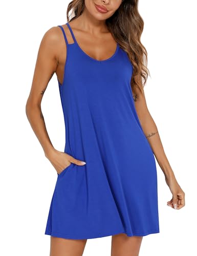 PHIZOI Nachthemd Damen Sommer Nachtwäsche Sexy Nachtkleid Kurz Schlafhemd Mit Taschen S-3XL(Royal Blue,Large) von PHIZOI