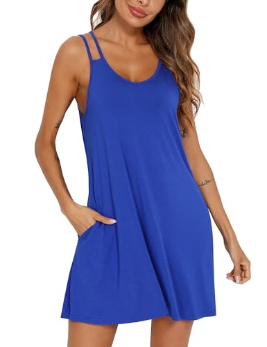 PHIZOI Nachthemd Damen Sommer Nachtwäsche Sexy Nachtkleid Kurz Schlafhemd Mit Taschen S-3XL(Royal Blue,Medium) von PHIZOI