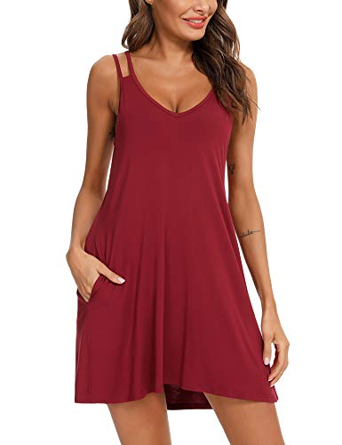 PHIZOI Nachthemd Damen Sommer Nachtwäsche Sexy Nachtkleid Kurz Schlafhemd Mit Taschen S-3XL(Wine Red,3X-Large) von PHIZOI