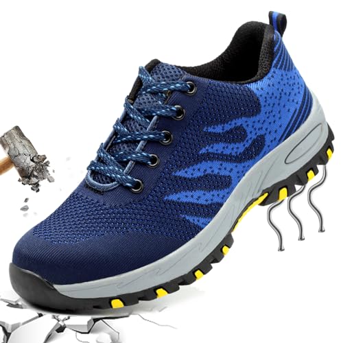 PHMNZIP Arbeitsschuhe Herren Leicht 45 Sicherheitsschuhe mit Stahlkappe Arbeit Schuhe Männer Sicherheit Sneaker Turnschuhe Sportlich Schutzschuhe für Kinder Jungen Blau von PHMNZIP