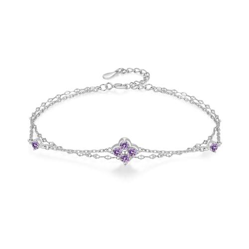 PHNIBIRD Amethyst Armband 925 Sterling Silber Verstellbares Kleeblatt Armband Doppelter Armkette Geschenk für Frauen von PHNIBIRD
