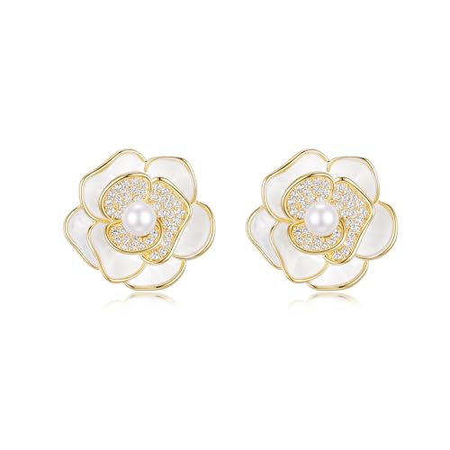 PHNIBIRD Blumen Ohrringe Gold Damen 925 Sterling Silber Kamelie Ohrringe Elegant Attraktiv Groß Modeschmuck Geschenke für Muttertag Valentinstag Geburtstag von PHNIBIRD