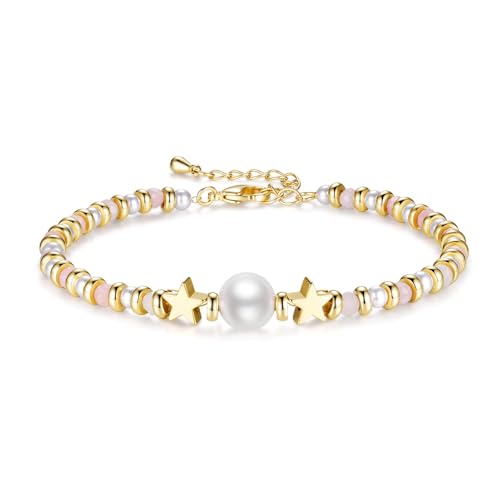 PHNIBIRD Boho Armband Damen mit Perlen Natürliches Steine Stern Armbänder für Frauen Verstellbares Armband Gold 17+3cm von PHNIBIRD