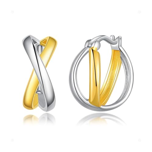 PHNIBIRD Creolen Gold 925 Sterling Silber Minimalistisches X Form Ohrringe Zweifarbiges Hypoallergene Gold Ohrringe Creolen Geschenk für Frauen von PHNIBIRD