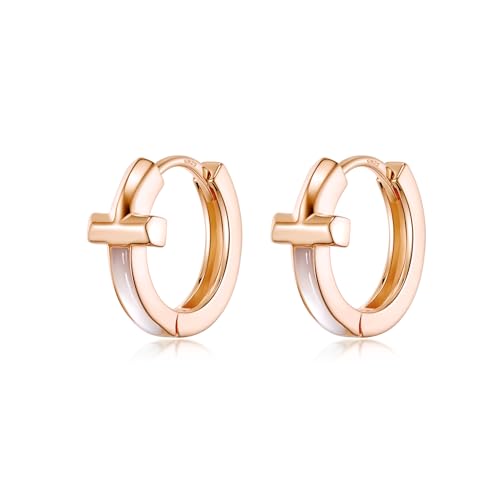 PHNIBIRD Creolen Rosegold Damen Kreuz Ohrringe 18k Vergoldete mit Perlmutt Klein Creolen Durchmesser 16mm Schmuck Damen von PHNIBIRD