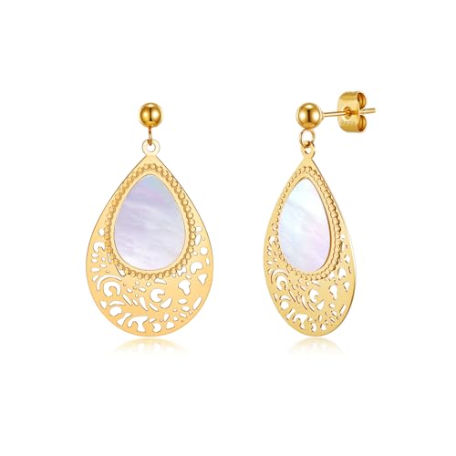 PHNIBIRD Edelstahl Damen Ohrringe Gold mit Perlmutt Ohrringe Hängend Boho Lightweight Tropfen Filigrane Ohrhänger für Damen von PHNIBIRD