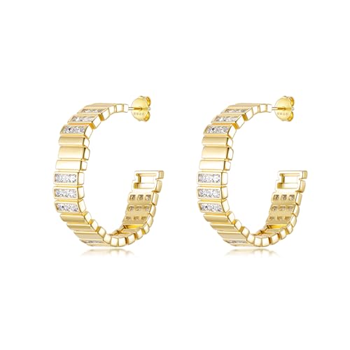 PHNIBIRD Goldene Creolen Damen C Förmige 925 Sterling Silber mit Zirkonia Große Ohrringe Hypoallergene Geschenke für Frauen von PHNIBIRD