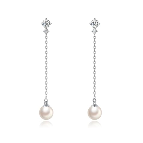 PHNIBIRD Perlen Ohrringe Lang Hängend Ohrhänger Silber mit Glitzer Weiße Perlen 6mm Wasserfest Perlenohrringe Zierliche Elegante Schmuck Damen Geschenk Hochzeit für Bräute von PHNIBIRD