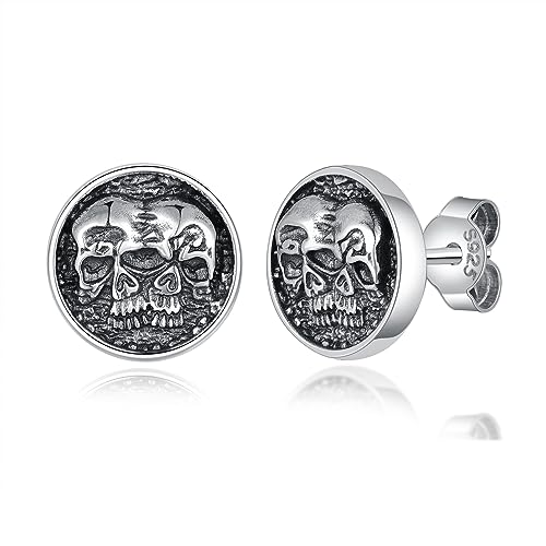 PHNIBIRD Totenkopf Ohrringe Herren Ohrstecker Schwarz Doppel Schädel Schwarz Ohrringe 925 Sterling Silber Gothic Ohrstecker für Männer Weihnachtsgeschenke für Herren (Schwarz Doppelschädel) von PHNIBIRD