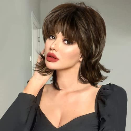 PHOCAS Braune Mullet Perücke Shaggy Layered Flauschige Perücke 80er Jahre Rocker Perücke für Frauen Braun Lockige Perücke Hitzebeständige Cosplay Halloween Kostüm Haarersatz Perücken von PHOCAS