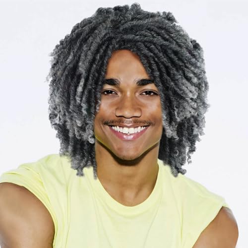PHOCAS Kurze Dreadlock-PerüCke FüR Damen Und Herren, Afro-Locken-Twist-PerüCke, Synthetische Geflochtene PerüCken, Volle Lockige KunsthäKelhaar-FlechtperüCken (T1b/Grau) von PHOCAS