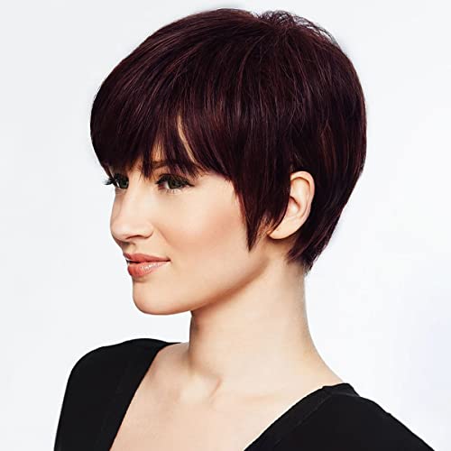 PHOCAS Short Wine Red Human Hair Wigs for Women with Bangs Short Hair Pixie Cut Wig Fashion None Lace Straight Wig von PHOCAS