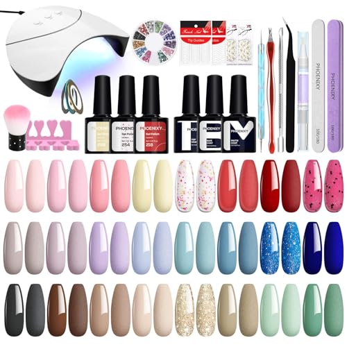 Phoenixy 24 Stk. U V Nagellack Set mit Lampe, Gelnägel Starterset mit Unterlack Überlack Matte Überlack Nagellack Set Geschenke für Frauen Rosa Hellgelb Blau Grün von phoenixy
