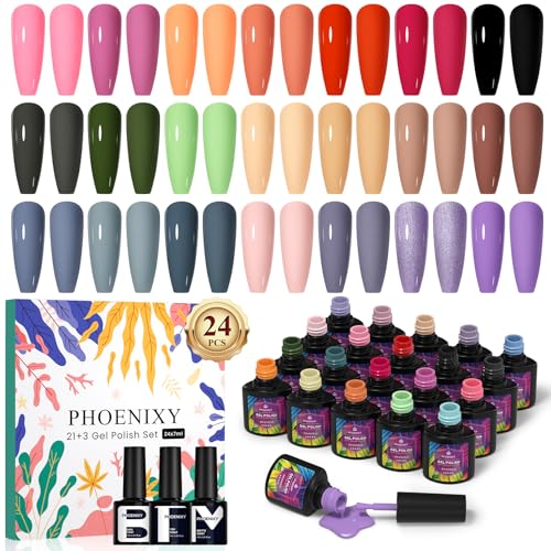 Phoenixy Gel Nagellack Kit, 21+3 Stück Soak Off UV Gel Nagellack Set mit Glossy Matte Base Top Coat, Nail Art Salon Design Geschenk für Frauen von phoenixy
