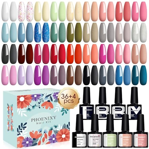 Phoenixy U V Nagellack Set 36+4 Stk Gel Nagellack Set Gel Farblack für Nagel mit Unterlack Überlack Matte Überlack Geschenk für Frauen von phoenixy