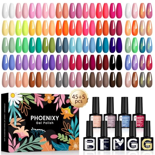 Phoenixy U V Nagellack Set 45+5 stk. Gel Nagellack Set für Nagel Design Gel Farblack mit Unterlack, Überlack, Matte Glitter Golden Überlack Geschenke für Frauen von phoenixy
