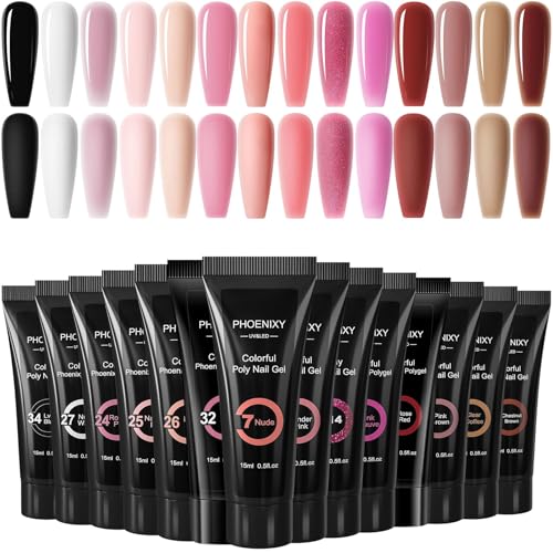 Phoenixy Poly Nagelgel Set 14 Farben Nagelverlängerung Kit Poly Nägel Gel Set Geschenk für Frauen Schwarz Weiß Nackt Rosa 15 ML von phoenixy