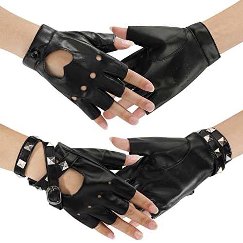 2 Paar Frauen Mädchen PU Leder Punk Rock Handschuhe, schwarze Fingerlose Handschuhe Herzausschnitt Halbe Finger Gothic Handschuhe Nieten Biker Handschuhe für Halloween Weihnachten Cosplay Kostüm von PHOGARY