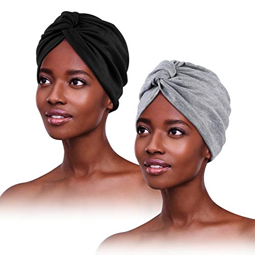 PHOGARY 2 Stück Turban für Damen,Verknotet Turban Tuch Falten-Kopfbedeckung Damen Kopftuch Sommer Turban Mütze Weiblich Kopfbedeckung Hut Für Haarverlust Chemo Mit Blume Baumwollmütze, 2 Farben von PHOGARY