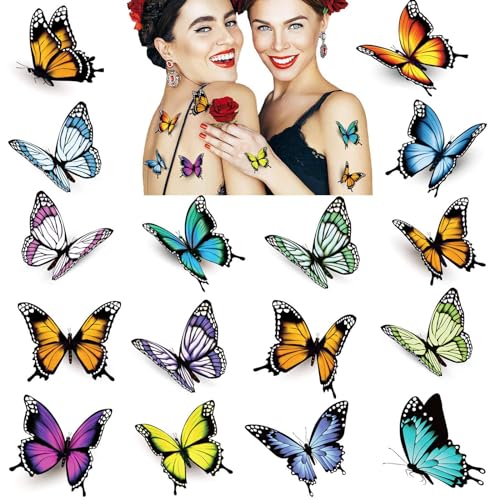 32 stk. Schmetterling Tattoos für Frauen, 3D bunte Körperkunst temporäre Tattoos, wasserdichte gefälschte Tattoo Aufkleber, Kinder Schmetterling Party Gefälligkeiten von PHOGARY