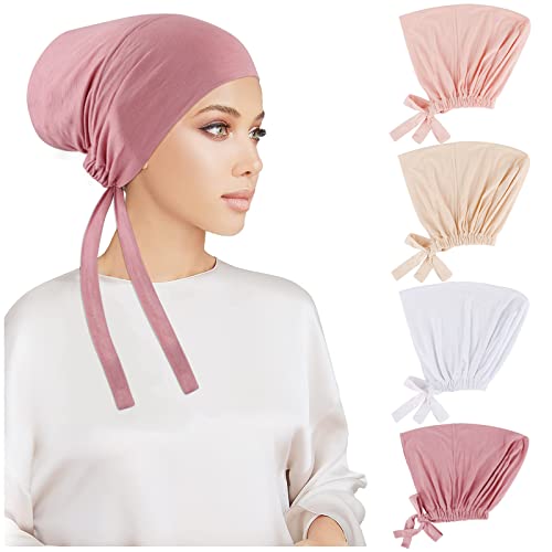 PHOGARY 4 Stück Frauen Undercap Hijab, Islamische Muslimische Unterschal Hijab Cap mit Tie Back Closure Solid Color Unter Schal Hijab Mütze Turban Kopfbedeckung Chemo Kopftuch Schlafmütze (B) von PHOGARY